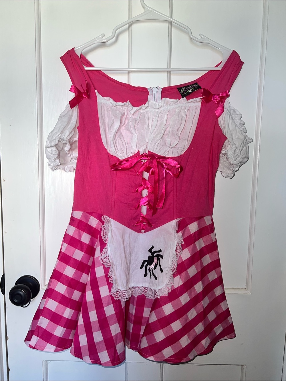 Women’s M/L Pink Checkered Costume Dress with Apron with spider